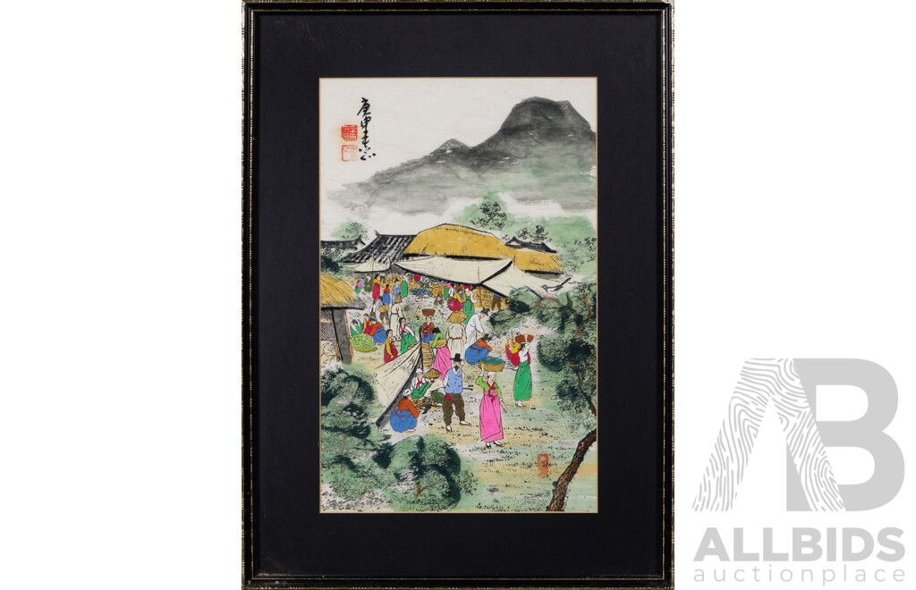 Collection of Three Vintage Korean Paintings, c1982, Women Bathing in the River, Village Market Scene and Battle Scene, Watercolour on Rice Paper, 56.5 x 41.5 (2) and 41.5 x 56.5 cm (frames) (3)