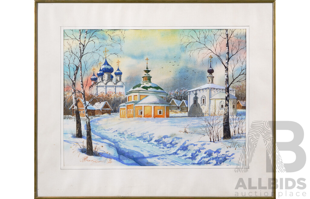 Artist Unknown, (C1995), Orthodox Village Churches, Vintage Russian Watercolour on Paper, 42 x 51 cm (frame)