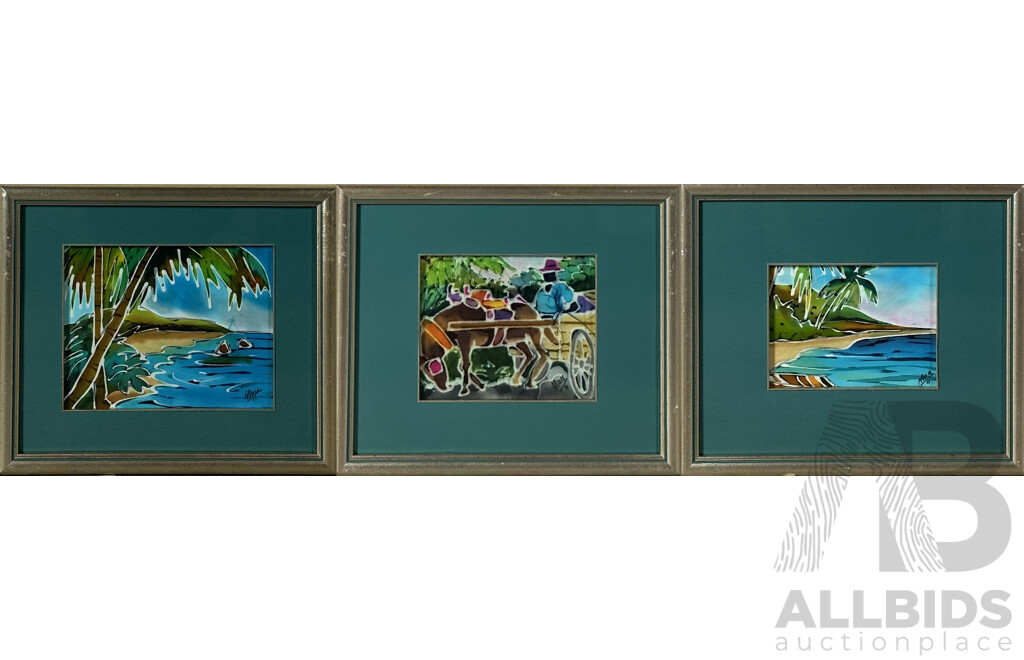 Henderson Reece, (Contemporary, Born Barbados, Caribbean), Set of Three - the Beach X 2 and Villager, Batik on Fabric, 35 x 40 cm (frames)