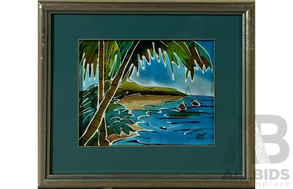 Henderson Reece, (Contemporary, Born Barbados, Caribbean), Set of Three - the Beach X 2 and Villager, Batik on Fabric, 35 x 40 cm (frames)