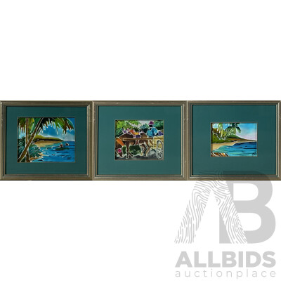 Henderson Reece, (Contemporary, Born Barbados, Caribbean), Set of Three - the Beach X 2 and Villager, Batik on Fabric, 35 x 40 cm (frames)