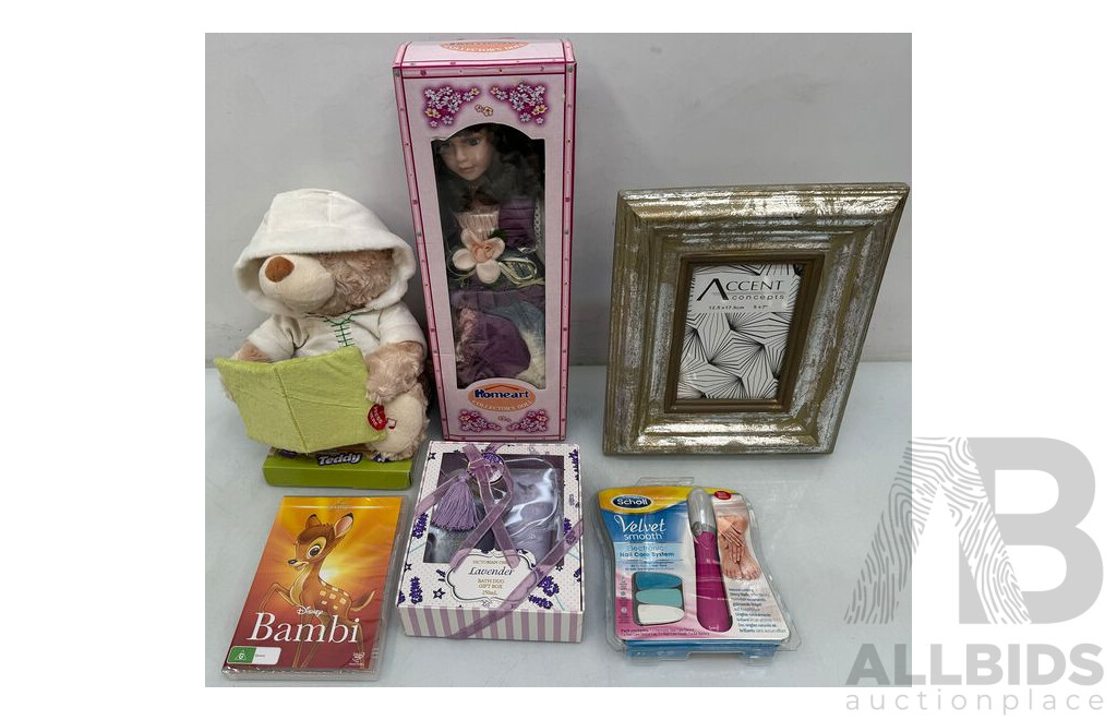 Singing Teddy Bear, Collector/s Doll, Nail Care System, Lavender Bath Box, Photo Frame and Bambi DVD