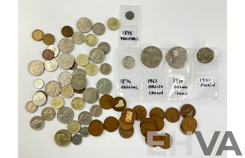 Collection of United Kingdom Coins Including 1876 Silver Shilling, 1921 Silver Florin, One Pound Coins and More