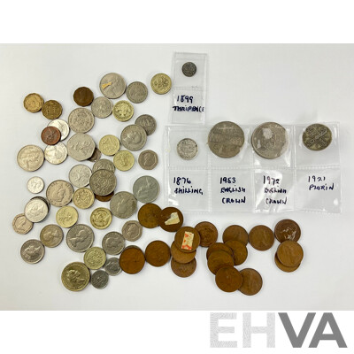 Collection of United Kingdom Coins Including 1876 Silver Shilling, 1921 Silver Florin, One Pound Coins and More