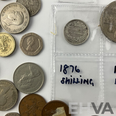 Collection of United Kingdom Coins Including 1876 Silver Shilling, 1921 Silver Florin, One Pound Coins and More