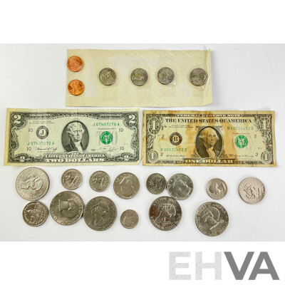 Collection of USA Currency Including 1969 and 1976 One Dollar Notes, Commemorative Dimes, Eisenhower One Dollars and More