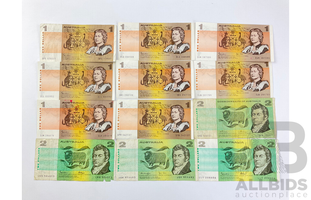 Australian Banknotes Including Two Dollar Notes, 1985 Johnston/Fraser(2) 1979 Knight/Stone, 1972 COA Phillips/Wheeler and  Eight 1982 One Dollar Notes, Johnston/Stone