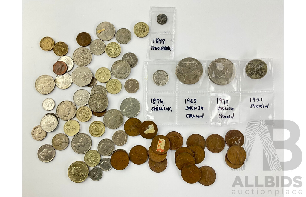 Collection of United Kingdom Coins Including 1876 Silver Shilling, 1921 Silver Florin, One Pound Coins and More