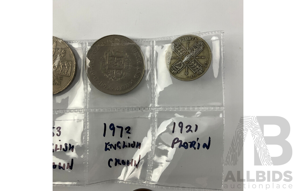 Collection of United Kingdom Coins Including 1876 Silver Shilling, 1921 Silver Florin, One Pound Coins and More