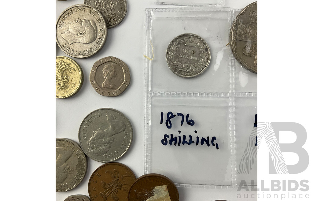 Collection of United Kingdom Coins Including 1876 Silver Shilling, 1921 Silver Florin, One Pound Coins and More