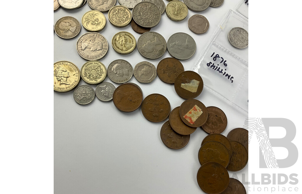 Collection of United Kingdom Coins Including 1876 Silver Shilling, 1921 Silver Florin, One Pound Coins and More