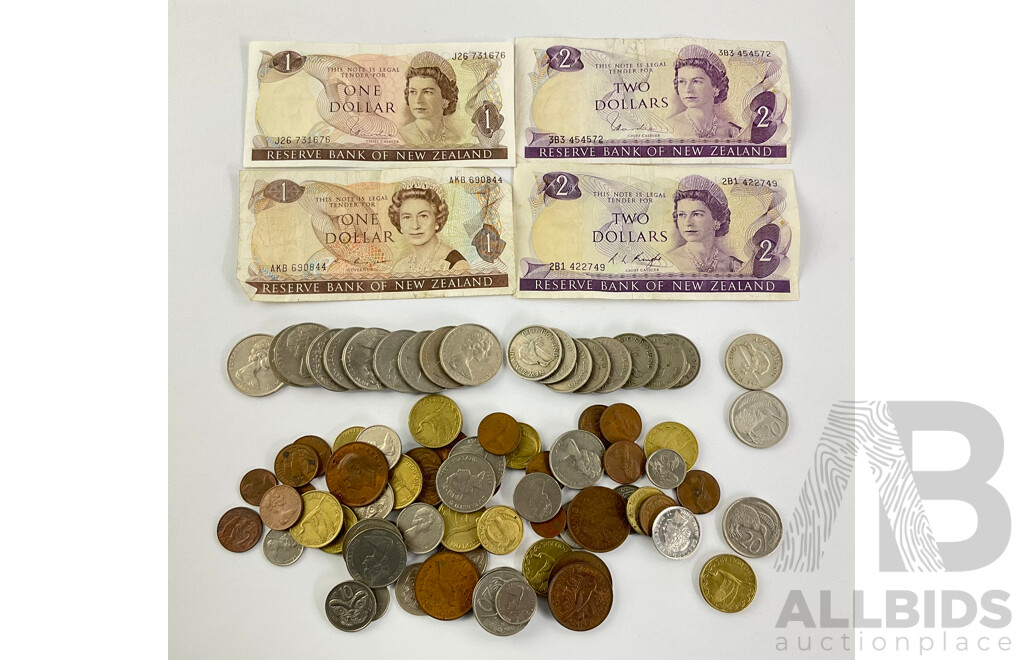 Collection of New Zealand Currency Including 1946 Silver Florin, KGVI Florins, Round Fifty Cent Coins, QE2 One and Two Dollar Notes