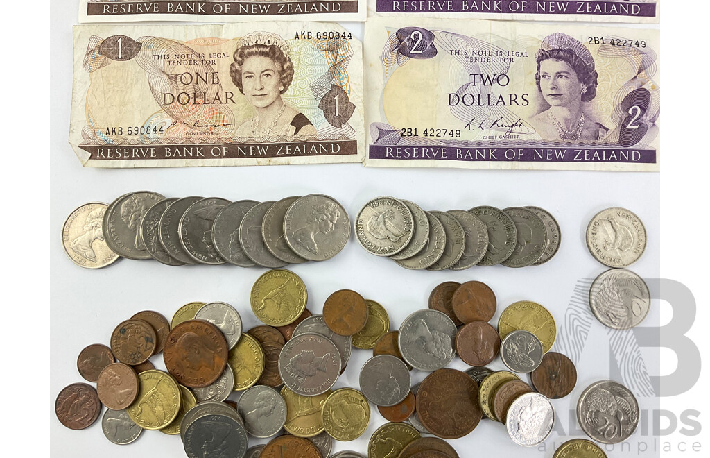 Collection of New Zealand Currency Including 1946 Silver Florin, KGVI Florins, Round Fifty Cent Coins, QE2 One and Two Dollar Notes