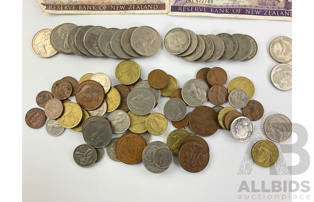 Collection of New Zealand Currency Including 1946 Silver Florin, KGVI Florins, Round Fifty Cent Coins, QE2 One and Two Dollar Notes