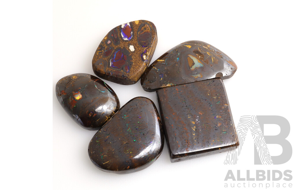 Queensland Boulder Opal (4) & Yowah Opal (1) Polished Solid Gemstones, 446.10ct