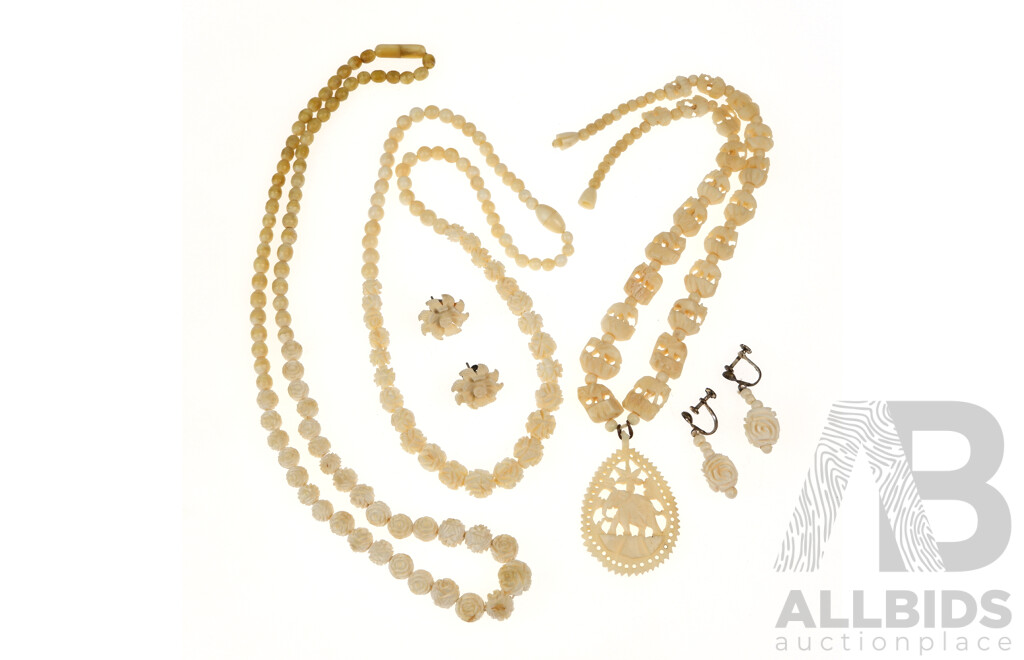 Ivory Vintage Jewellery Collection of Hand Carved Pieces Including (3) Necklaces and (2) Pairs of Earrings