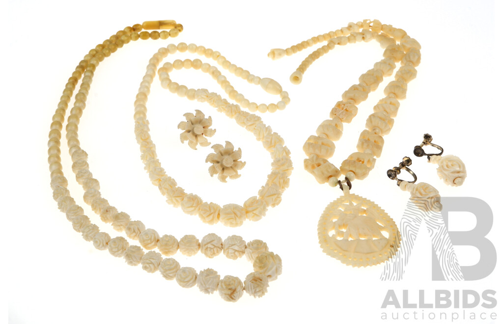 Ivory Vintage Jewellery Collection of Hand Carved Pieces Including (3) Necklaces and (2) Pairs of Earrings