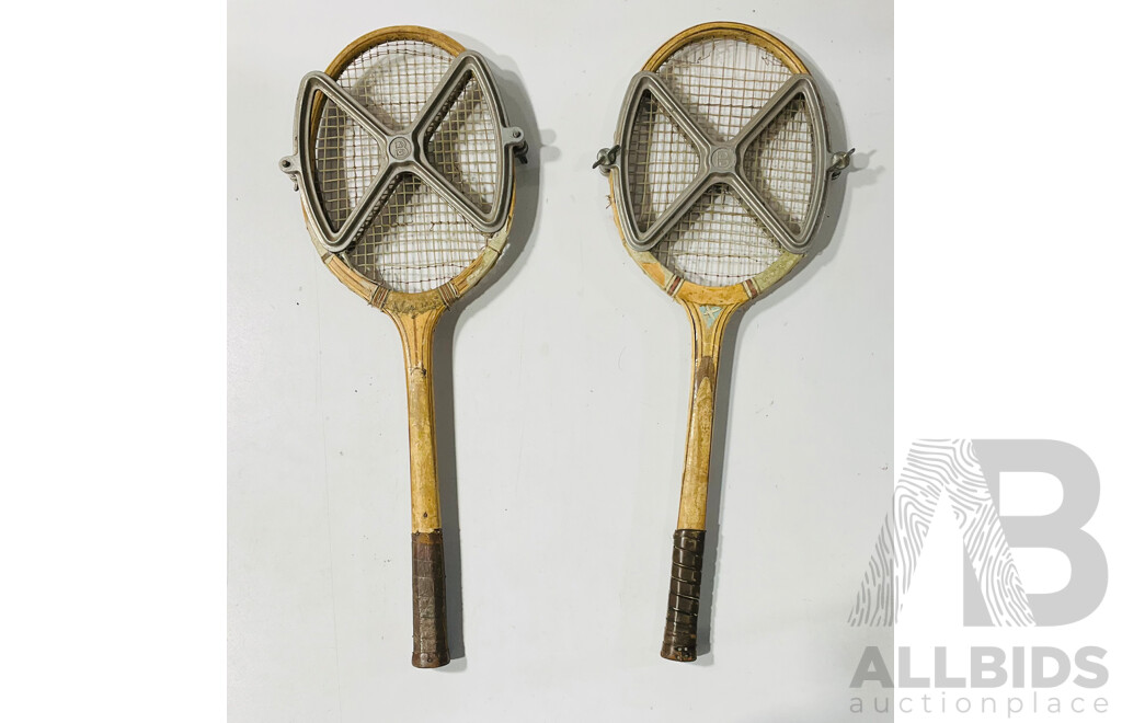 Pair of Vintage Tennis Rackets with Metal Stretchers Attatched