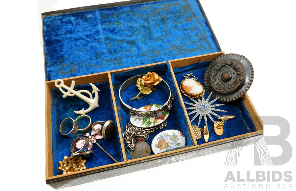 Vintage Egyptian Motif Metal Jewellery Box with Assorted Antique & Vintage Costume Jewellery Items