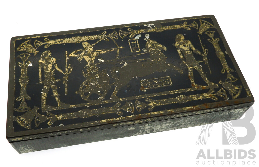 Vintage Egyptian Motif Metal Jewellery Box with Assorted Antique & Vintage Costume Jewellery Items