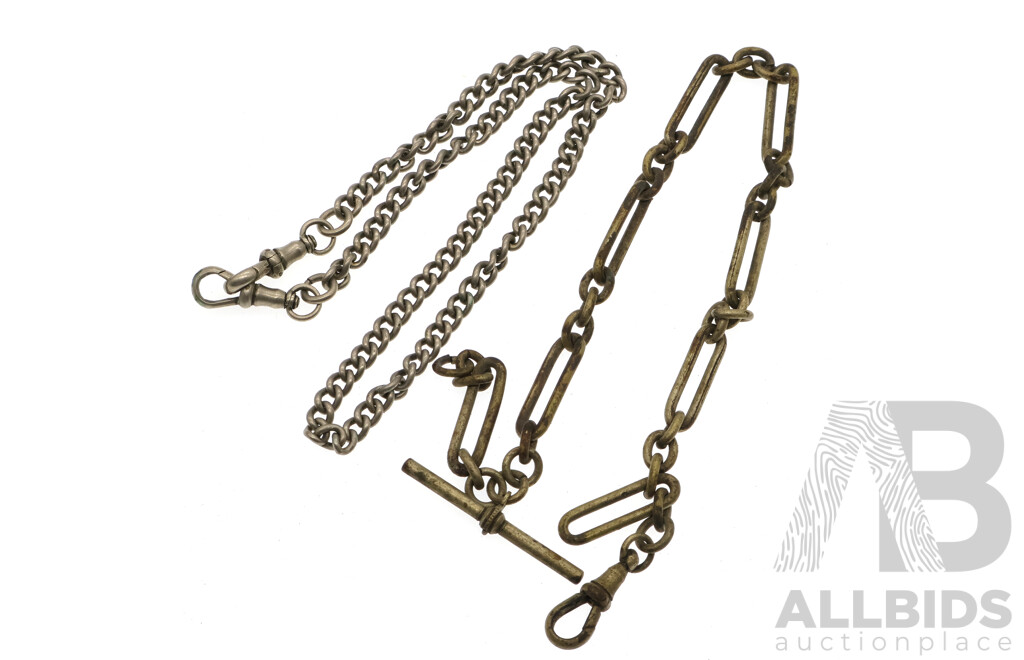 Vintage Silver Fob Watch Chain, Hallmarked DH&Co., 38cm Long and an Antique Elongated Belcher Link Fob Watch Chain with T-Bar, 32cm