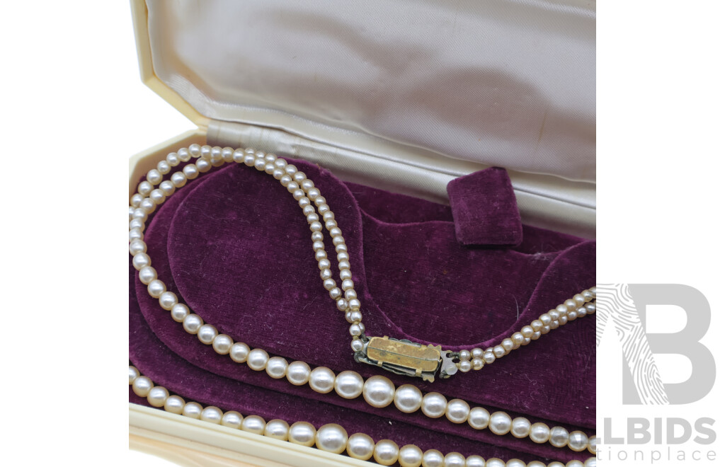 Vintage Faux Pearl Graduating Double Strand Necklace, 40cm in Original Casecraft Australia Presentation Case