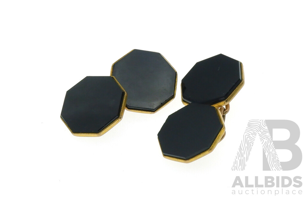 9ct Vintage Hexagon Shaped Onyx Inlaid Cuff Links, 4.58 Grams