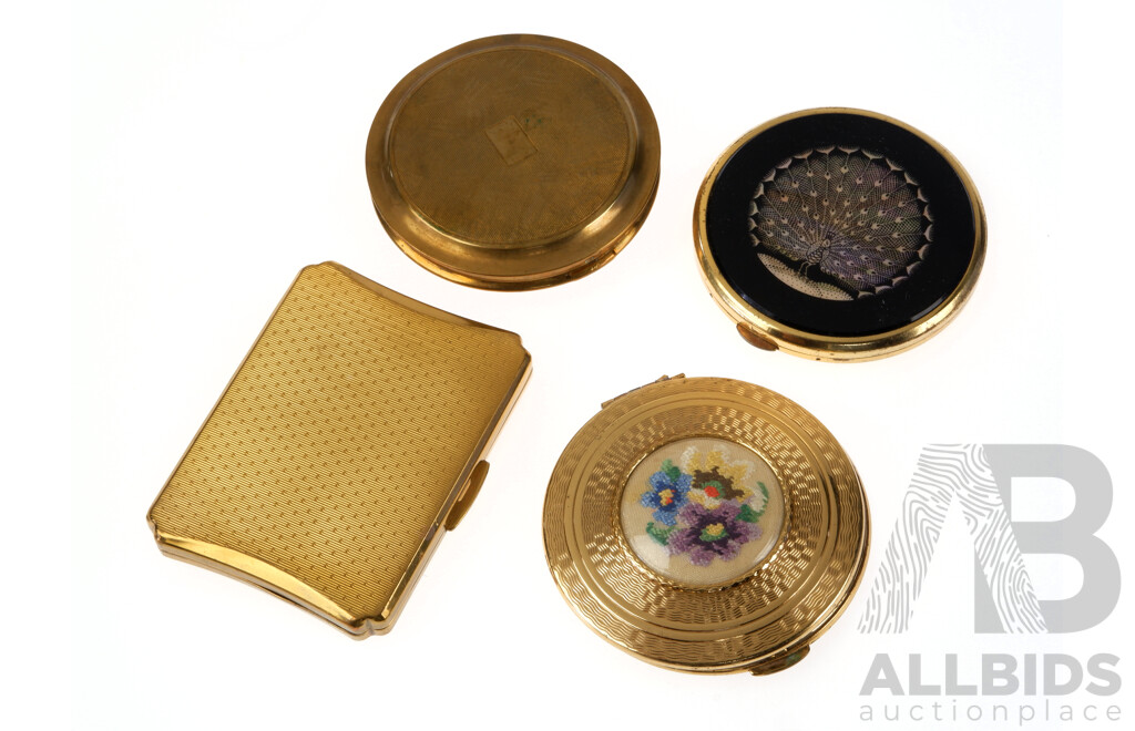 Vintage Gold Tone (4) Makeup Compacts Including Patterned, Tapestry and Mother of Pearl Peacock Design