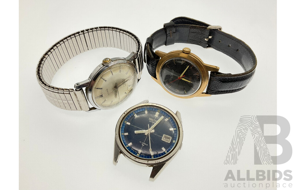 Three Vintage Mens Watches Including Seiko Automatic, Vymo and New Century, Swiss Made