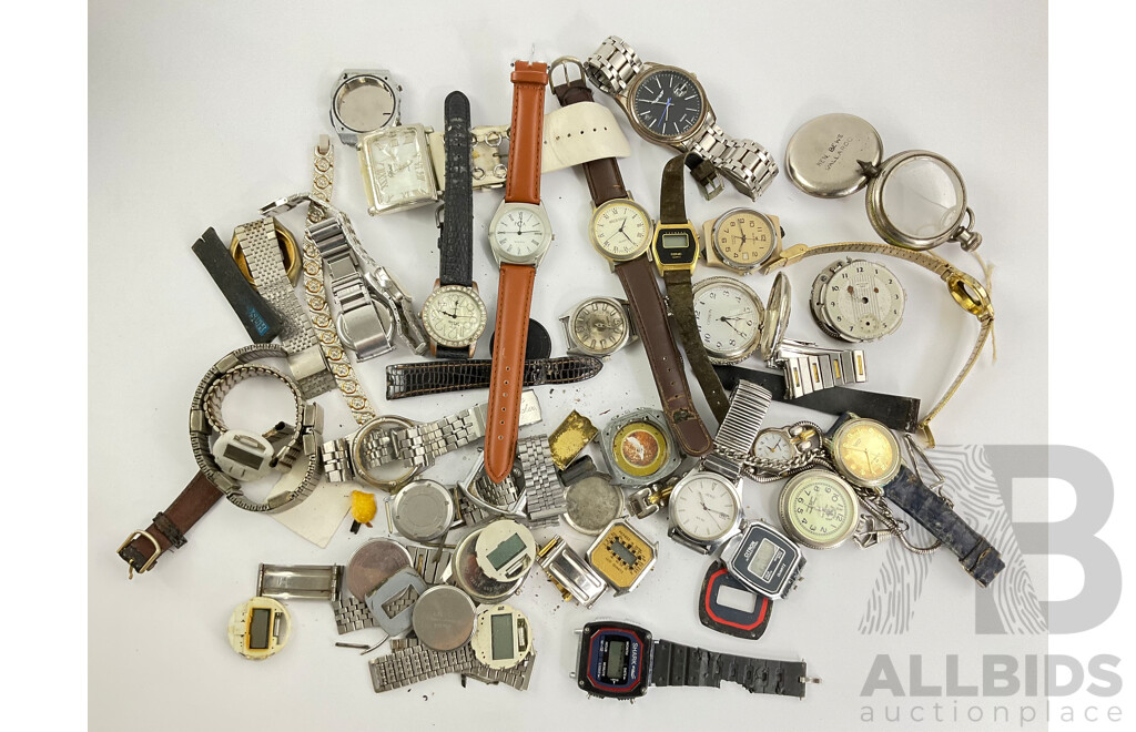 Large Collection of Digital and Analogue Watches and Parts for Restoration or Repair Including Westclox and Pioneer