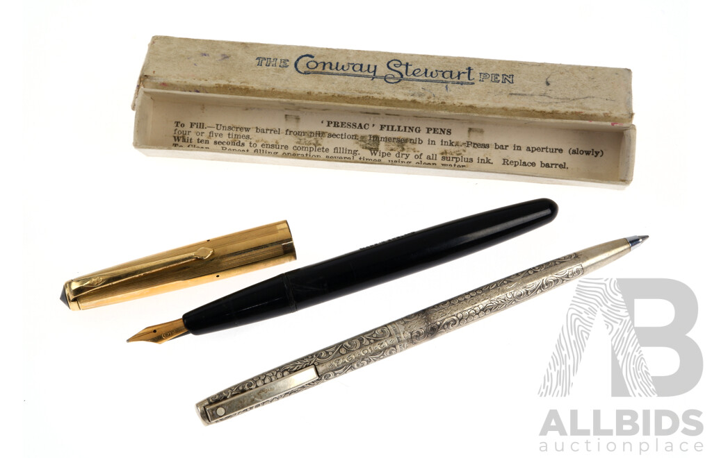 The Conway Stewart Fountain Pen with 12ct Rolled Gold Lid and 14ct Gold Nib in Original Box Along with Sterling Silver Scheaffer Ballpoint Pen with Engraved Detail