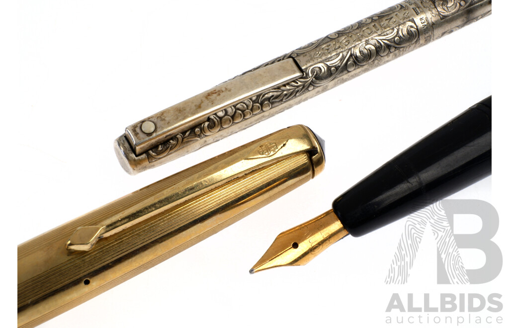 The Conway Stewart Fountain Pen with 12ct Rolled Gold Lid and 14ct Gold Nib in Original Box Along with Sterling Silver Scheaffer Ballpoint Pen with Engraved Detail