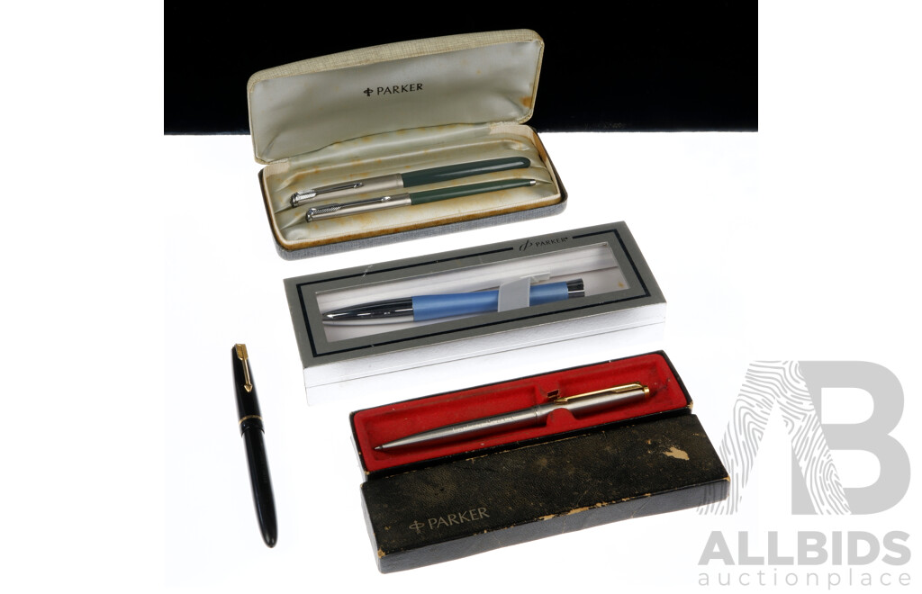 Collection Five Parker Pens Including Slimfold Fountain Pen Example with 14K Gold Nib