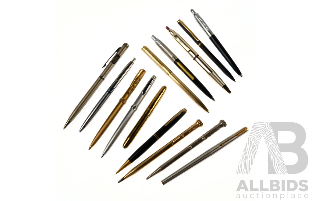 Collection Ball Point Pens and Retractable Pencils Including Pair Schaeffer Gold and Silver Tone Examples and More