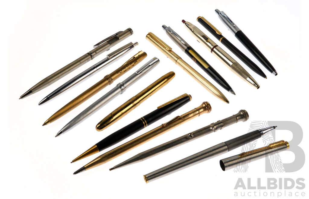 Collection Ball Point Pens and Retractable Pencils Including Pair Schaeffer Gold and Silver Tone Examples and More