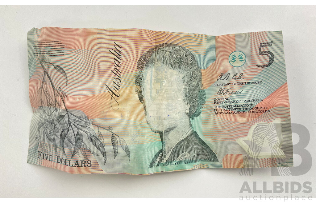 Australian 1992 Five Dollar Note, Fraser/Evans AA Prefix, Lacking Queen Face