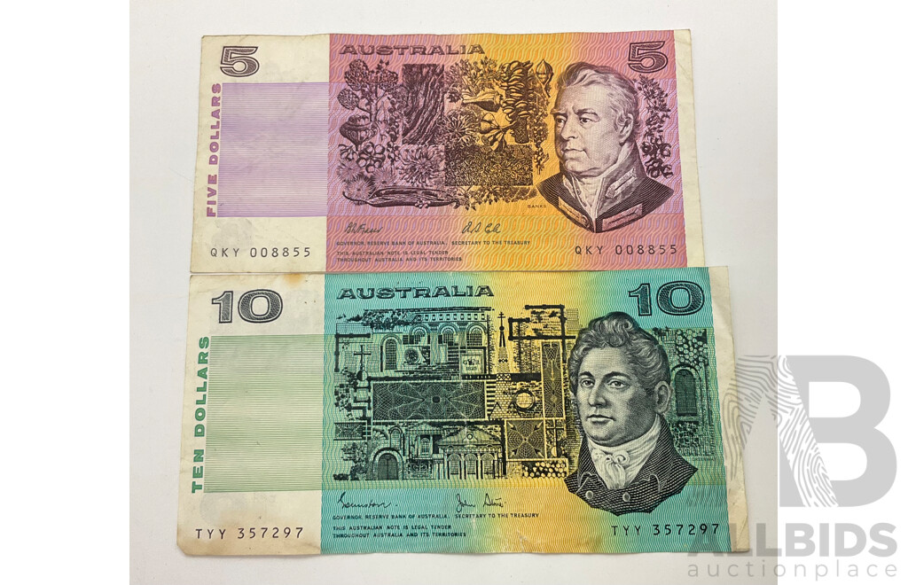 Two Australian Banknotes Including 1983 Ten Dollar Johnston/Stone TYY and 1991 Five Dollar Fraser/Cole QKY