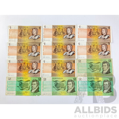 Australian Banknotes Including Two Dollar Notes, 1985 Johnston/Fraser(2) 1979 Knight/Stone, 1972 COA Phillips/Wheeler and  Eight 1982 One Dollar Notes, Johnston/Stone