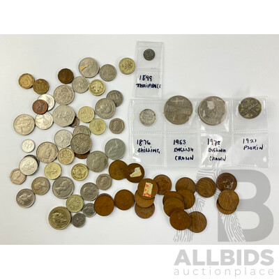 Collection of United Kingdom Coins Including 1876 Silver Shilling, 1921 Silver Florin, One Pound Coins and More