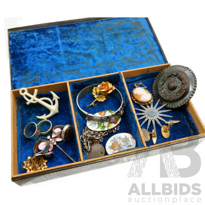 Vintage Egyptian Motif Metal Jewellery Box with Assorted Antique & Vintage Costume Jewellery Items