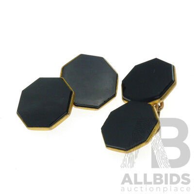 9ct Vintage Hexagon Shaped Onyx Inlaid Cuff Links, 4.58 Grams