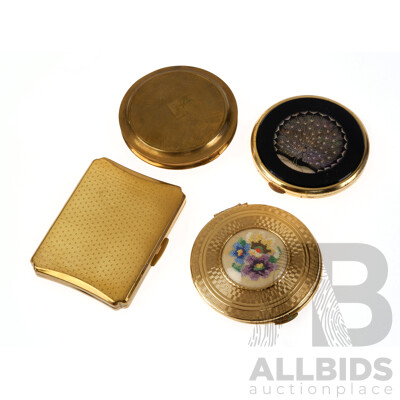 Vintage Gold Tone (4) Makeup Compacts Including Patterned, Tapestry and Mother of Pearl Peacock Design