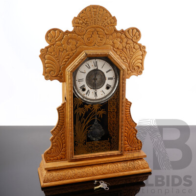 Antique Oak Gingerbread Mantle Chiming Clock