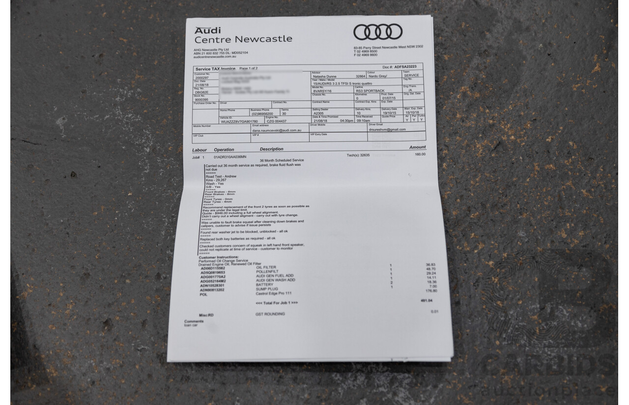 10/2015 Audi RS3 Sportback Quattro 8V 5d Hatchback Nardo Grey 2.5L Turbo