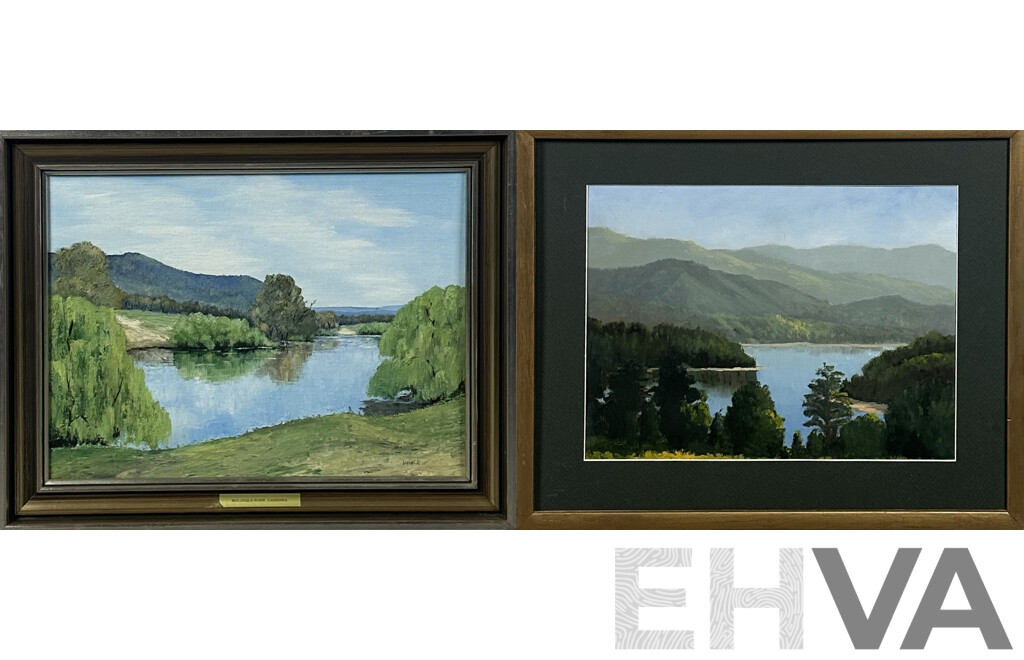 Beverley Richardson (20th Century, Australian), Maroondah Dam, Oil on Board and Wilma Ellis, Molonglo River, Canberra, Oil on Canvas Panel, 44 x 54 cm (largest) (2)