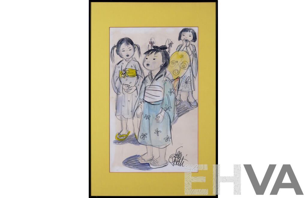 Leo (Atiglio Leoni) Politi), (20th Century, American,1908-1996), Three Japanese Girlfriends, Pencil and Watercolour, 67 x 44 cm (frame)