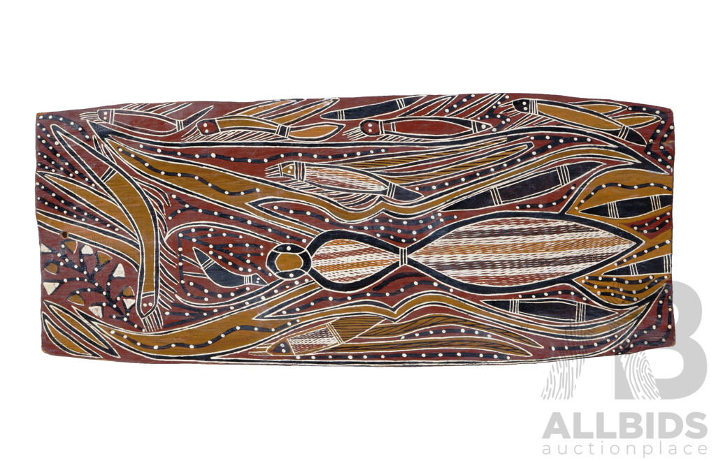 George Milburrurr, (Vintage, [Exact Date Unknown], Australian-Indigenous From Ganallingu Tribe ), Spider and Other Insects, Natural Earth Pigments on Bark, 77 x 33 cm