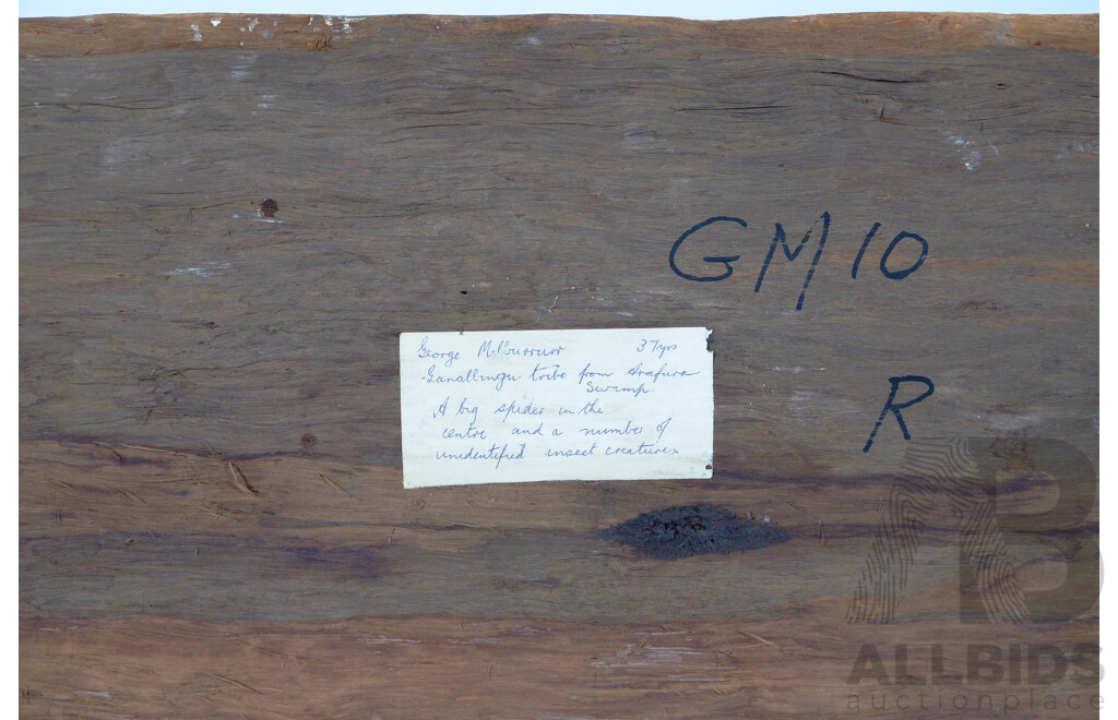 George Milburrurr, (Vintage, [Exact Date Unknown], Australian-Indigenous From Ganallingu Tribe ), Spider and Other Insects, Natural Earth Pigments on Bark, 77 x 33 cm