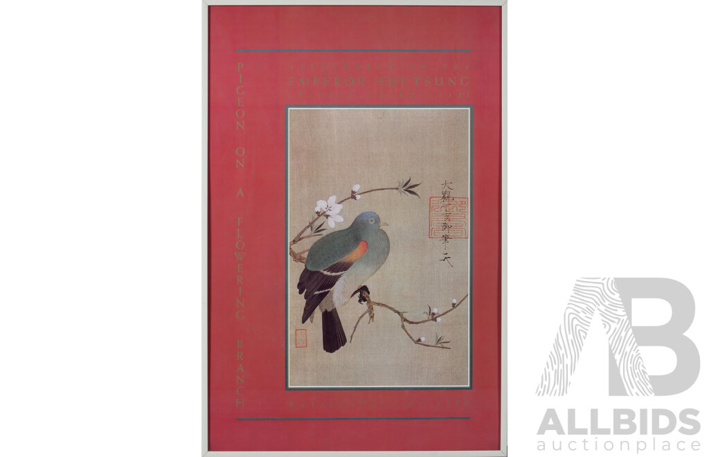 Attributed to The Emperor Hui Tsung (Chinese, 1082-1135), Pigeons on a Flowering Branch, Reproduction Colour Poster Print of the Original Watercolour on Silk, 71 x 47.5 cm (frame)