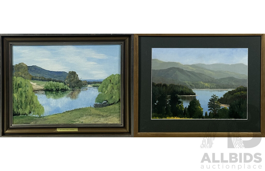 Beverley Richardson (20th Century, Australian), Maroondah Dam, Oil on Board and Wilma Ellis, Molonglo River, Canberra, Oil on Canvas Panel, 44 x 54 cm (largest) (2)